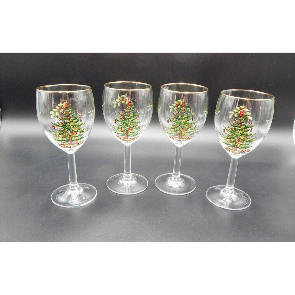 Spode Christmas Tree Wine Water Glasses Goblets Gold Trim 7-1/2 Inch Set of 4